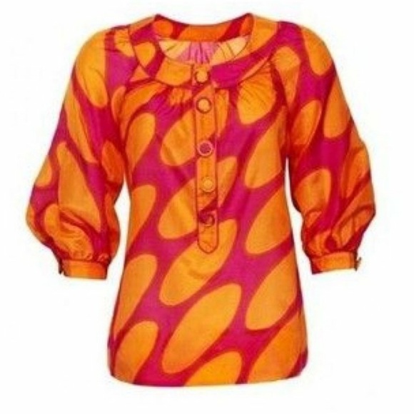 H&M x Marimekko Tribute Blouse US4 Orange Pink Abstract Cotton Silk Rare - Picture 1 of 14